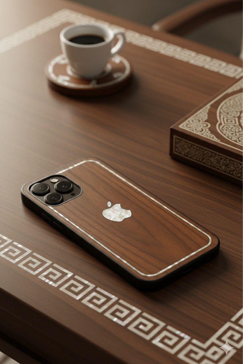Luxury Phone Stand – Walnut Wood, Natural Leather & Mother-of-Pearl Inlay