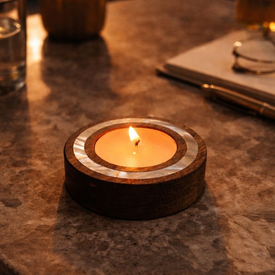 Luxury Candle Holder – Walnut Wood, Natural Leather & Mother-of-Pearl Inlay