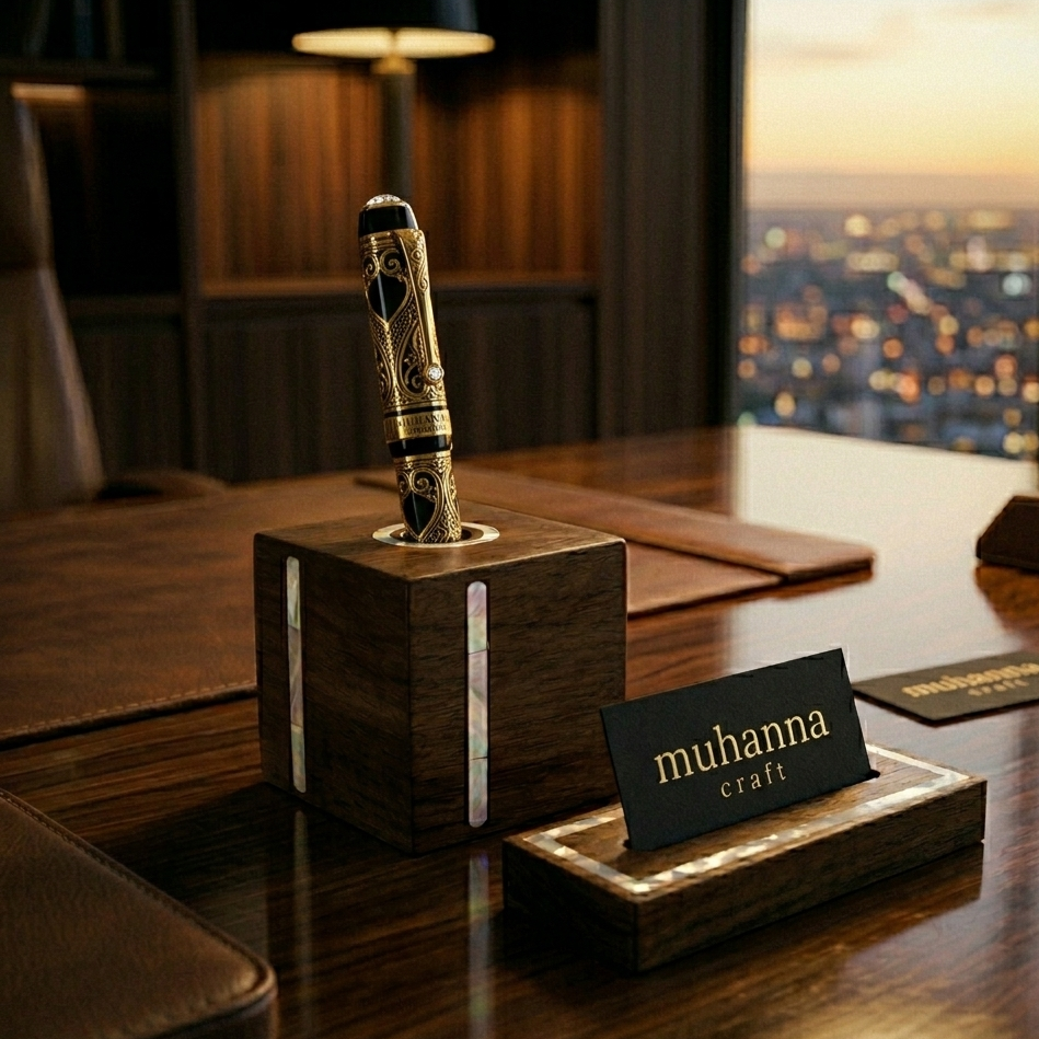 Luxury Business Card Holder – Walnut Wood with Mother-of-Pearl Inlay
