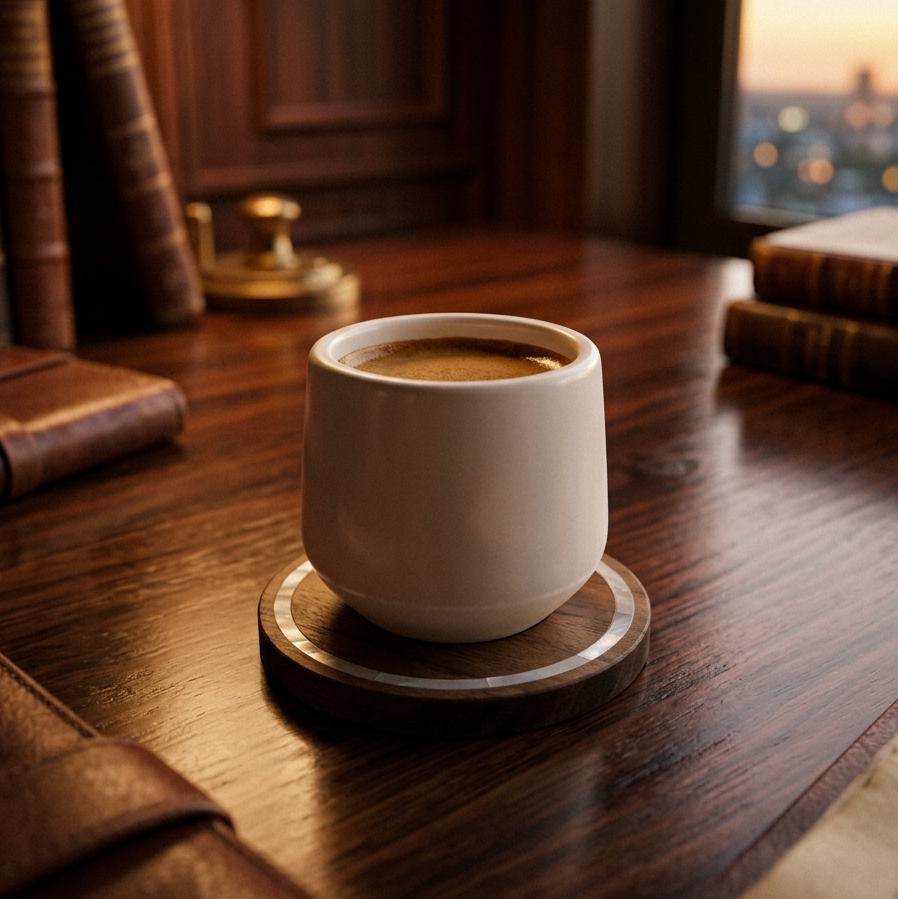 Luxury Espresso Coffee Dish – Walnut Wood with Mother-of-Pearl (Round)