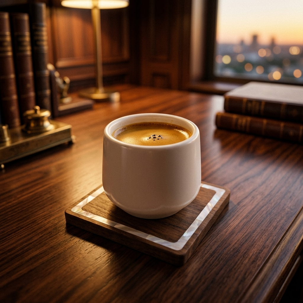 Luxury Espresso Coffee Dish – Walnut Wood with Mother-of-Pearl (Square)