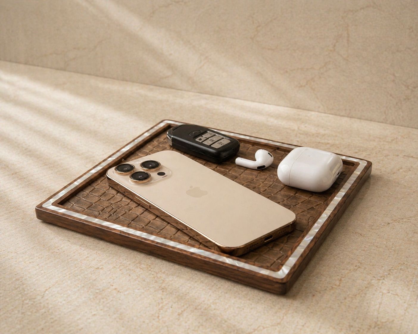 Luxury Personal Tray – Walnut Wood, Natural Leather & Mother-of-Pearl Inlay