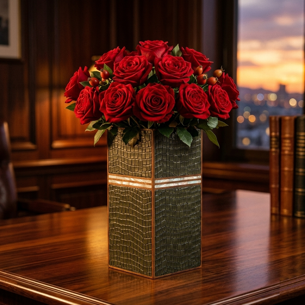 Luxury Vase – Natural Leather & Mother-of-Pearl Inlay